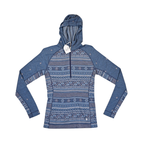 Blue fair-isle print Smartwool half-zip hoodie laid flat, showing the hood.