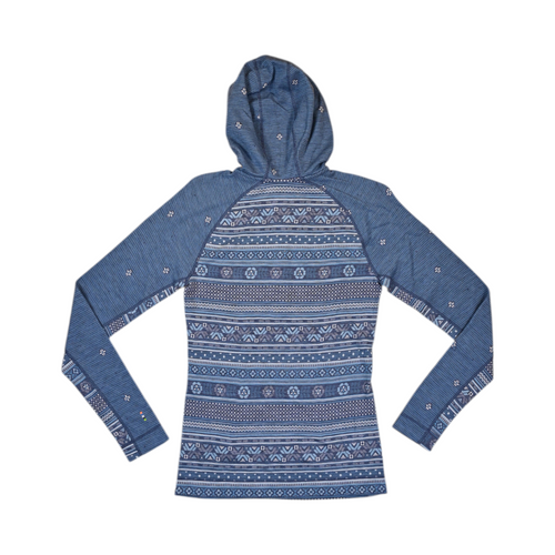 Back of a blue fair-isle print Smartwool half-zip hoodie laid flat.