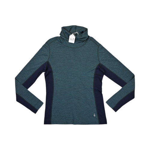 Teal and navy colorblock Smartwool mock neck top laid flat, showing the front.