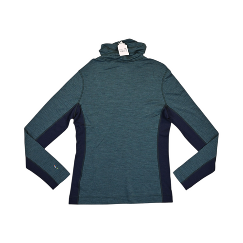 Back of a teal and navy colorblock Smartwool mock neck top laid flat.