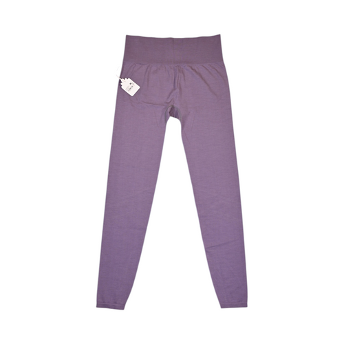 Detail view of heathered lavender purple Smartwool base layer leggings.