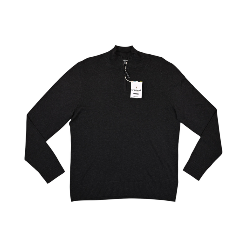 Flecked charcoal Smartwool quarter-zip sweater laid flat, showing the zip collar.