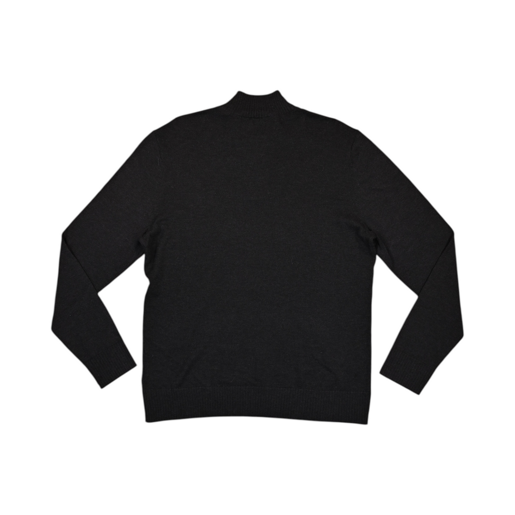 Back of a flecked charcoal Smartwool quarter-zip sweater laid flat.