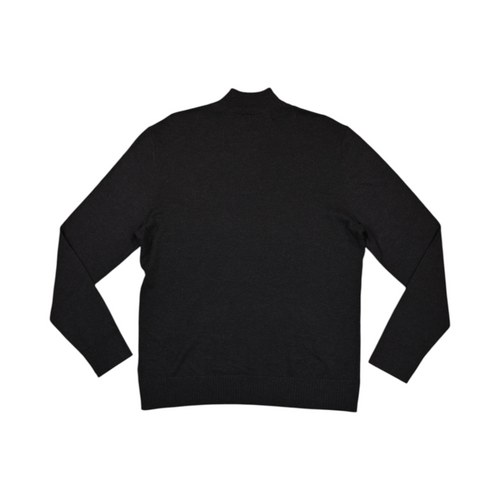 Back of a flecked charcoal Smartwool quarter-zip sweater laid flat.