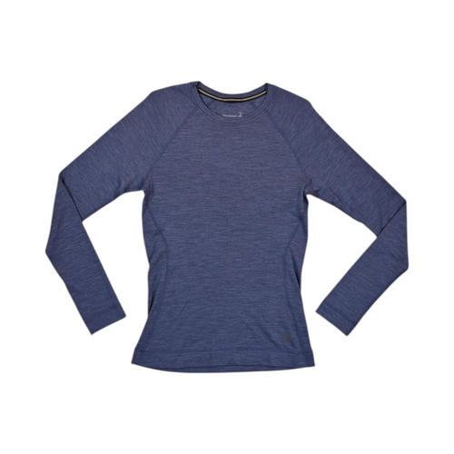 Heathered navy blue Smartwool crew top laid flat.