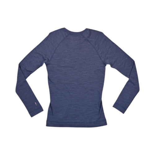 Detail view of a heathered navy blue Smartwool crew top.