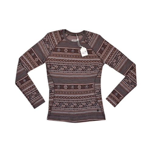 Brown fair-isle mountain-scape print Smartwool crew top laid flat.