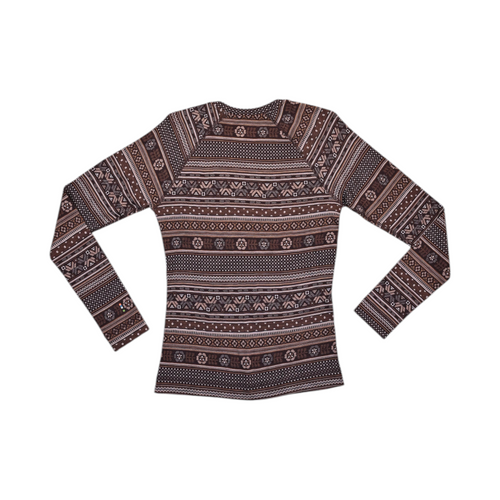 Detail view of a brown fair-isle mountain-scape print Smartwool crew top.