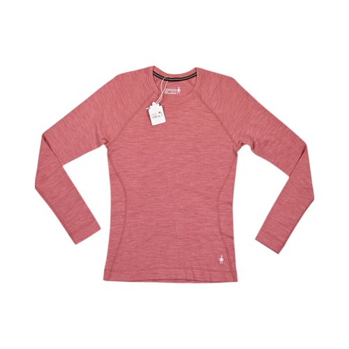 Heathered coral Smartwool crew top laid flat.