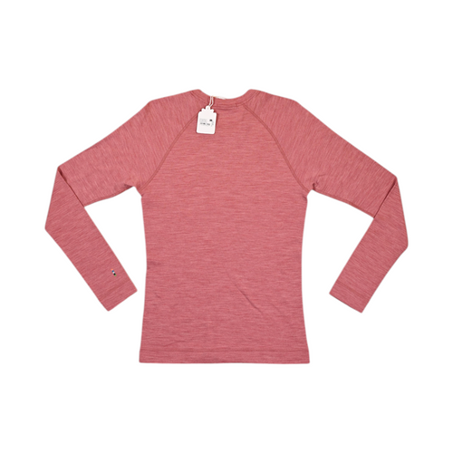 Back of a heathered coral Smartwool crew top laid flat.