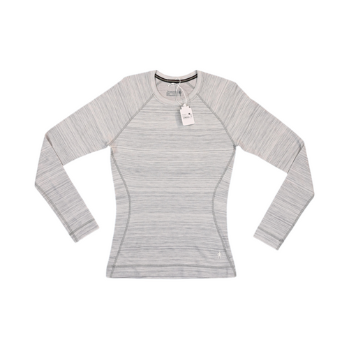 Light grey space-dye heather Smartwool crew top laid flat.