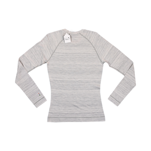 Back of a light grey space-dye heather Smartwool crew top laid flat.