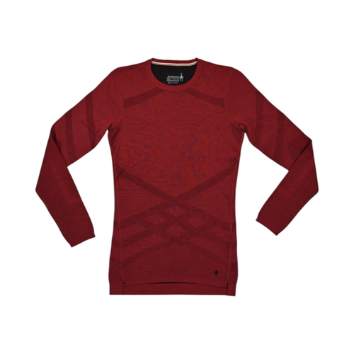 Deep burgundy-red Smartwool crew top laid flat, showing the tonal diagonal pattern.