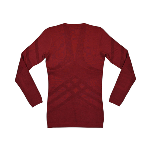 Detail view of a deep burgundy-red Smartwool crew top.