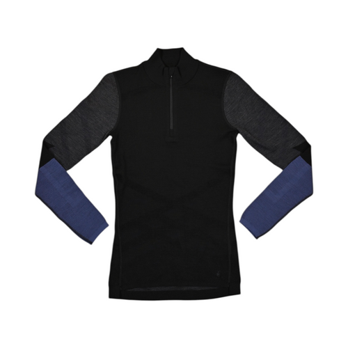 Black Smartwool quarter-zip top laid flat, showing charcoal shoulder panels and blue mesh forearms.