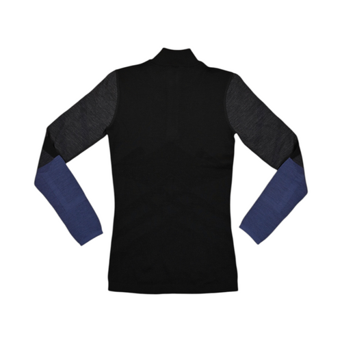 Back of a black Smartwool colorblock quarter-zip top laid flat.