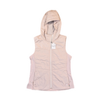 Pale champagne hooded Smartwool vest laid flat, showing the front zip and hood.