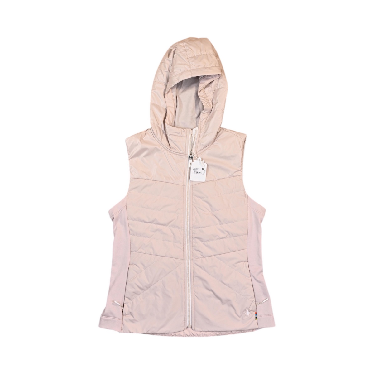 Pale champagne hooded Smartwool vest laid flat, showing the front zip and hood.