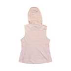 Back of a pale champagne hooded Smartwool vest laid flat.