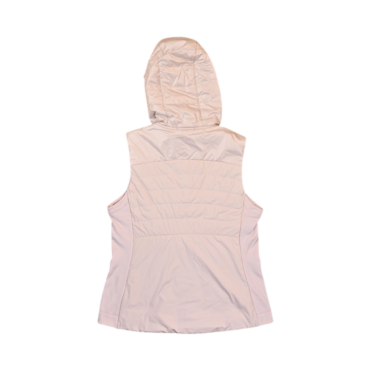 Back of a pale champagne hooded Smartwool vest laid flat.