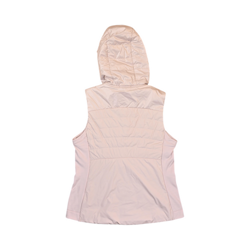 Back of a pale champagne hooded Smartwool vest laid flat.