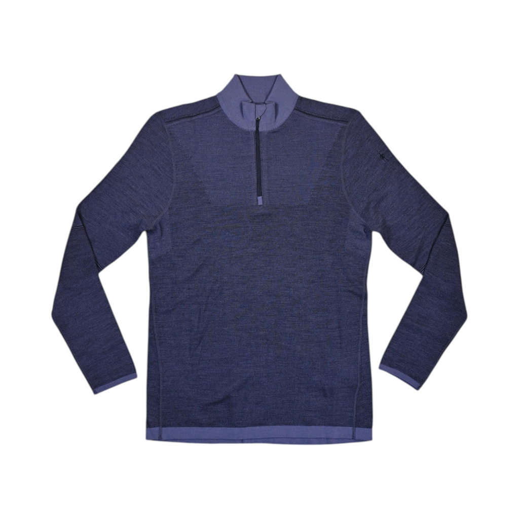 Navy blue heathered Smartwool quarter-zip baselayer laid flat, showing the zip collar and front.