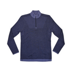 Navy blue heathered Smartwool quarter-zip baselayer laid flat, showing the zip collar and front.