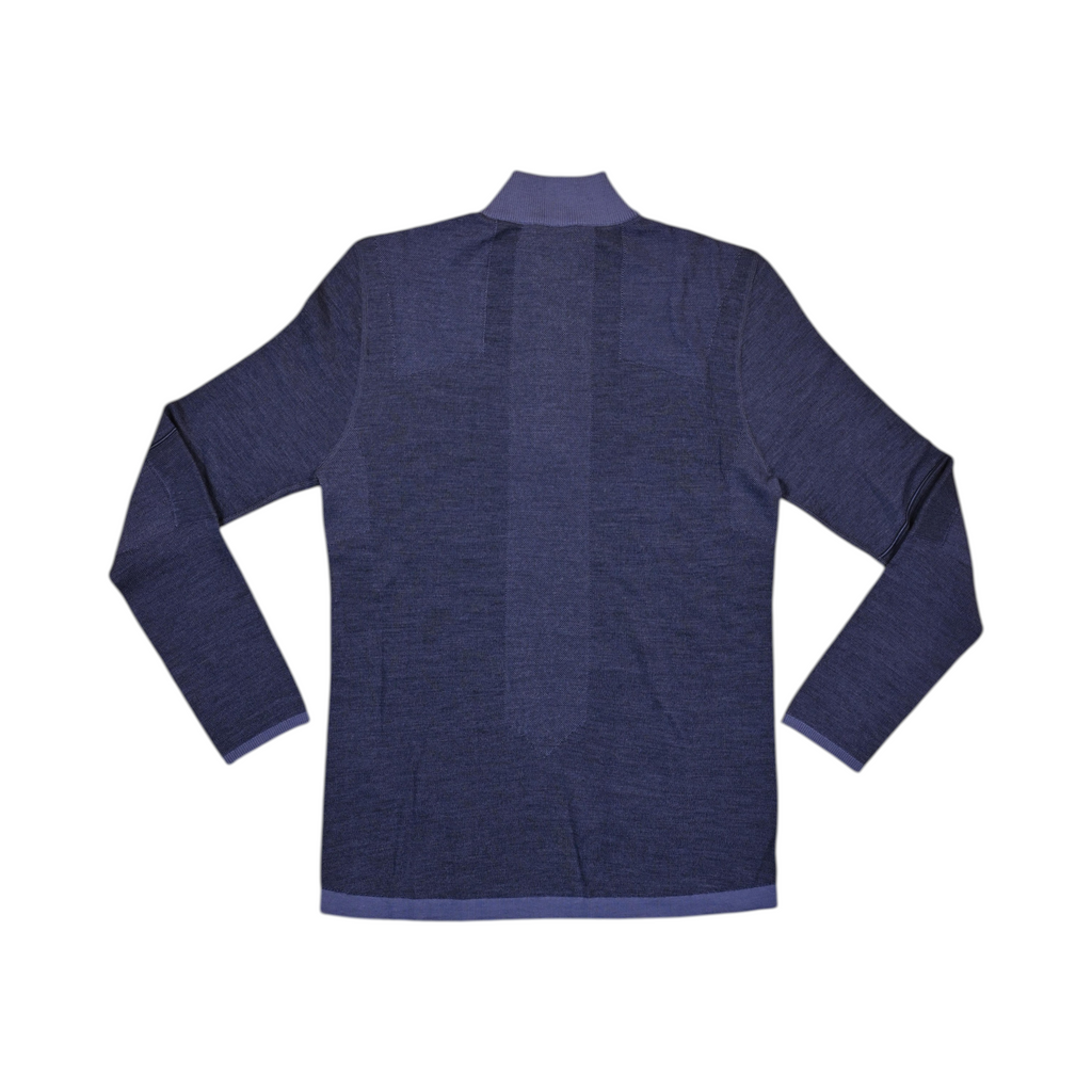 Detail view of a navy blue Smartwool quarter-zip baselayer showing the collar and sleeve trim.