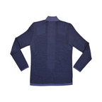Detail view of a navy blue Smartwool quarter-zip baselayer showing the collar and sleeve trim.