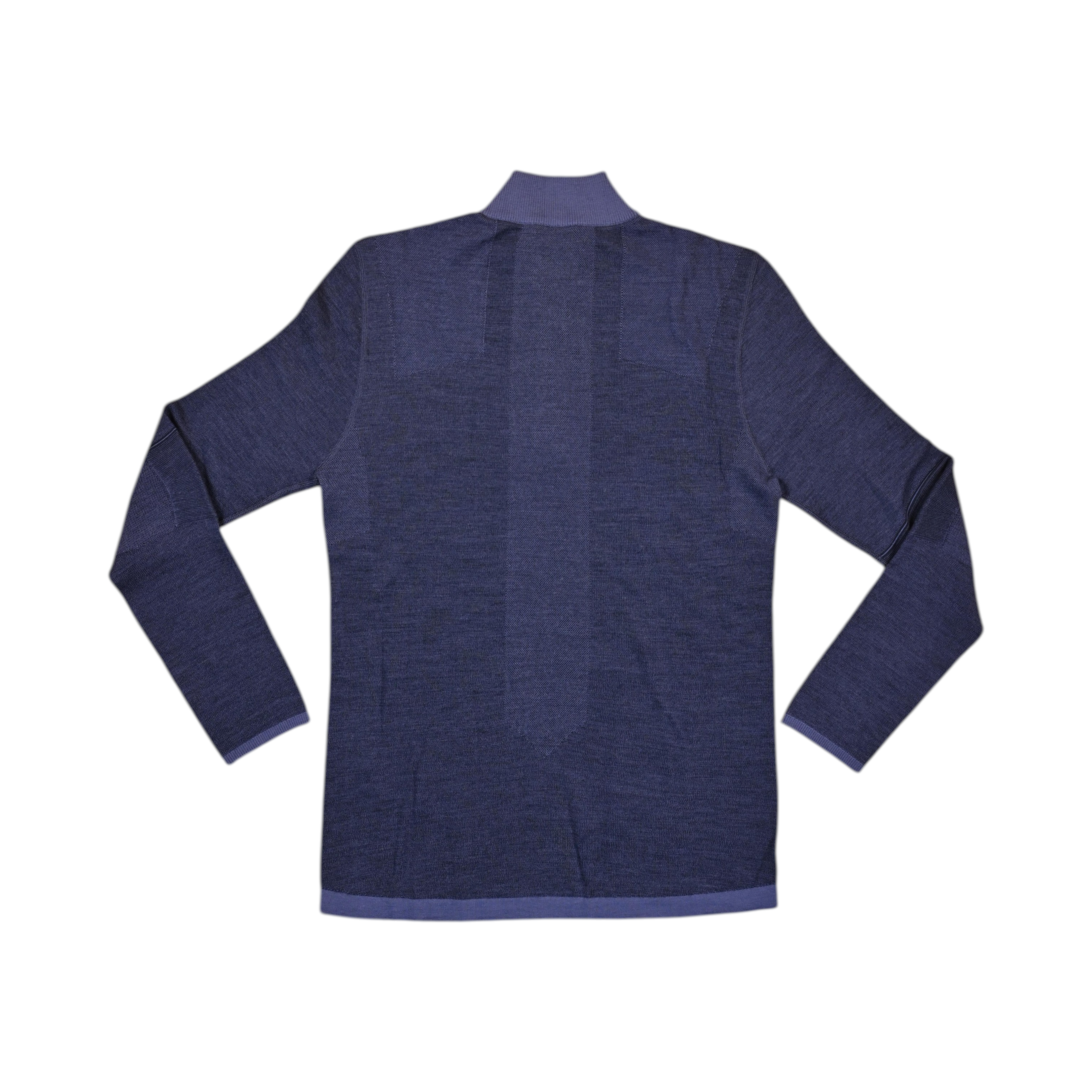 Detail view of a navy blue Smartwool quarter-zip baselayer showing the collar and sleeve trim.