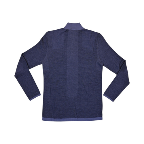 Detail view of a navy blue Smartwool quarter-zip baselayer showing the collar and sleeve trim.