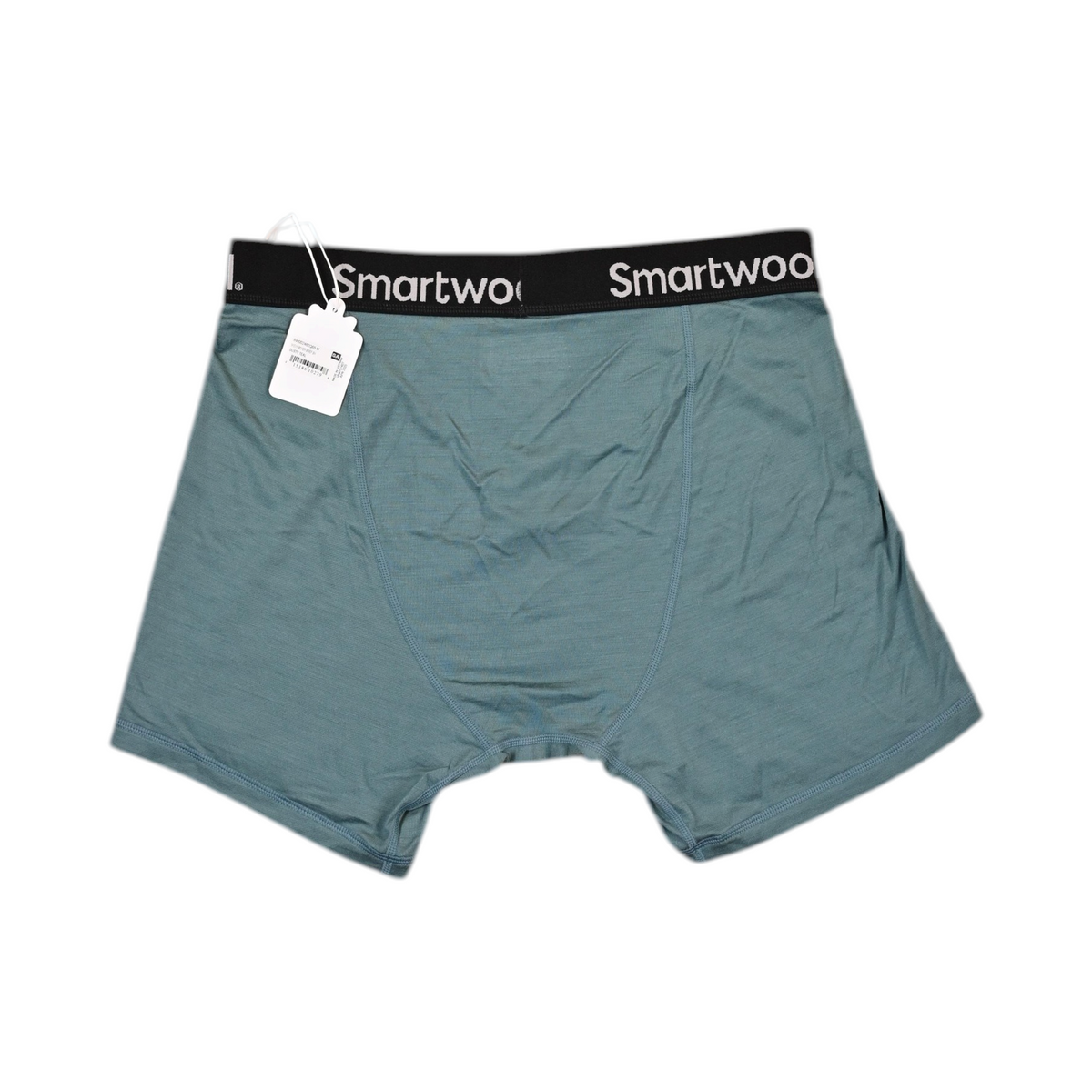 Back view of a teal Smartwool boxer brief laid flat, showing the waistband and rear seam.
