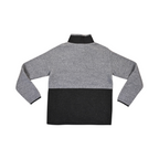 Back of a light grey and charcoal colorblock Smartwool fleece jacket laid flat.