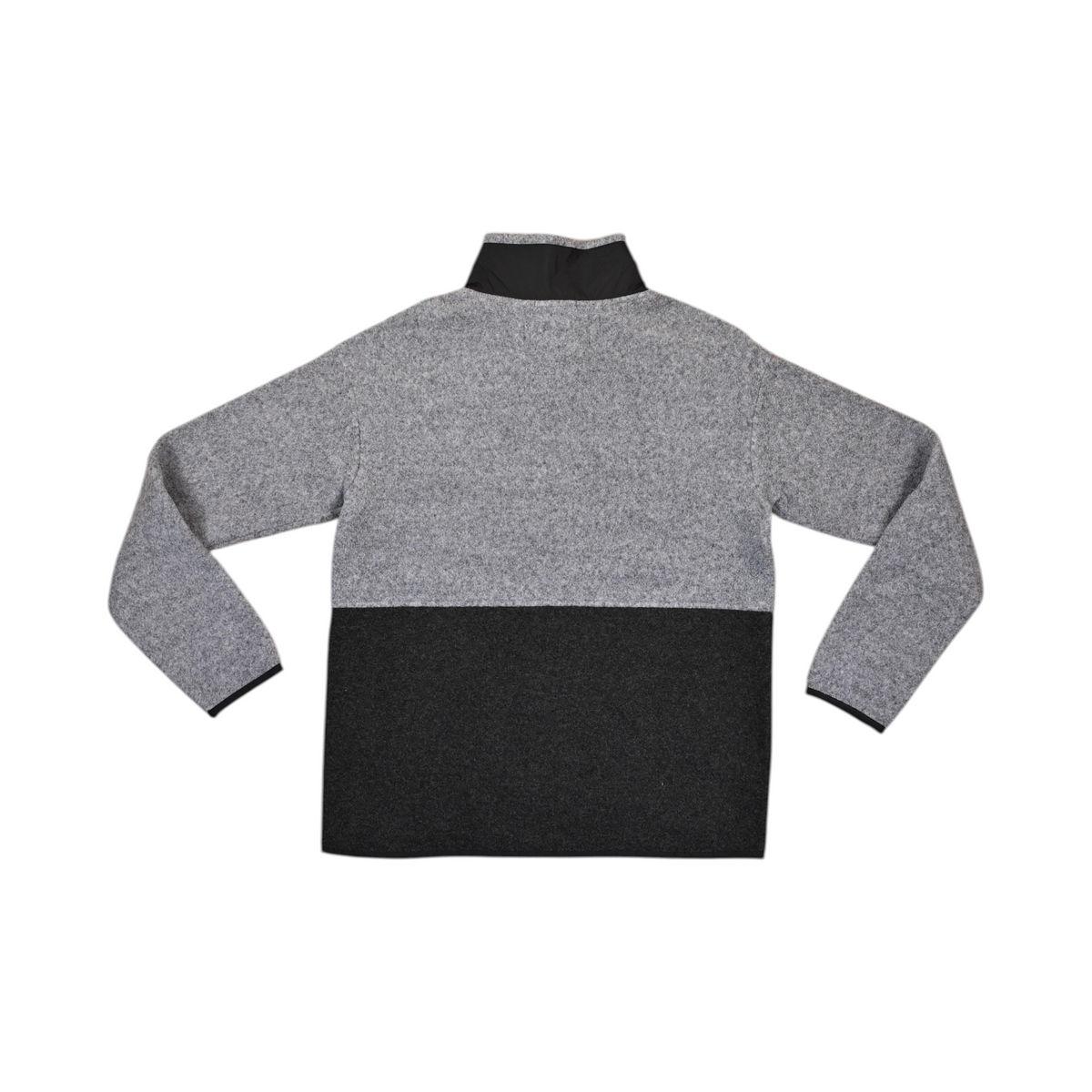Back of a light grey and charcoal colorblock Smartwool fleece jacket laid flat.