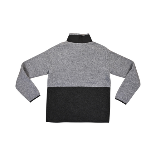 Back of a light grey and charcoal colorblock Smartwool fleece jacket laid flat.
