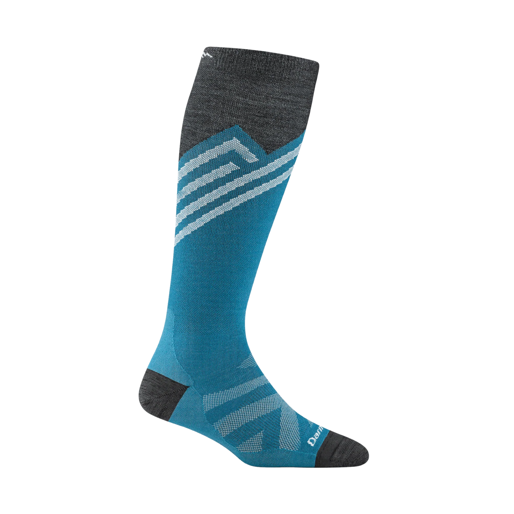 Blue over-the-calf ski sock by Darn Tough, with gray sections and patterned white accents.
