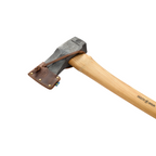 Splitting axe with a wooden handle by Hults Bruk, showcasing a leather sheath with a Swedish flag.