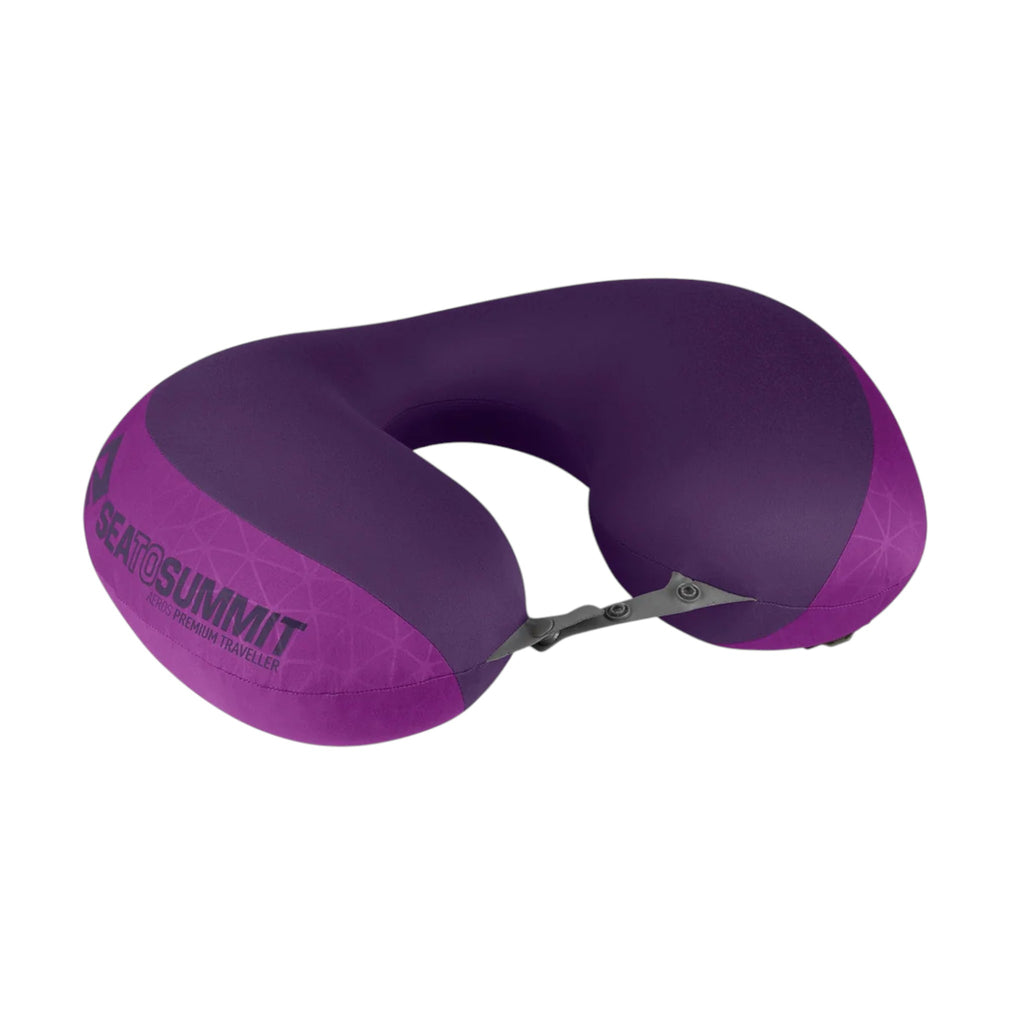 Purple travel pillow by Sea to Summit with patterned lower section and buckle fastener.
