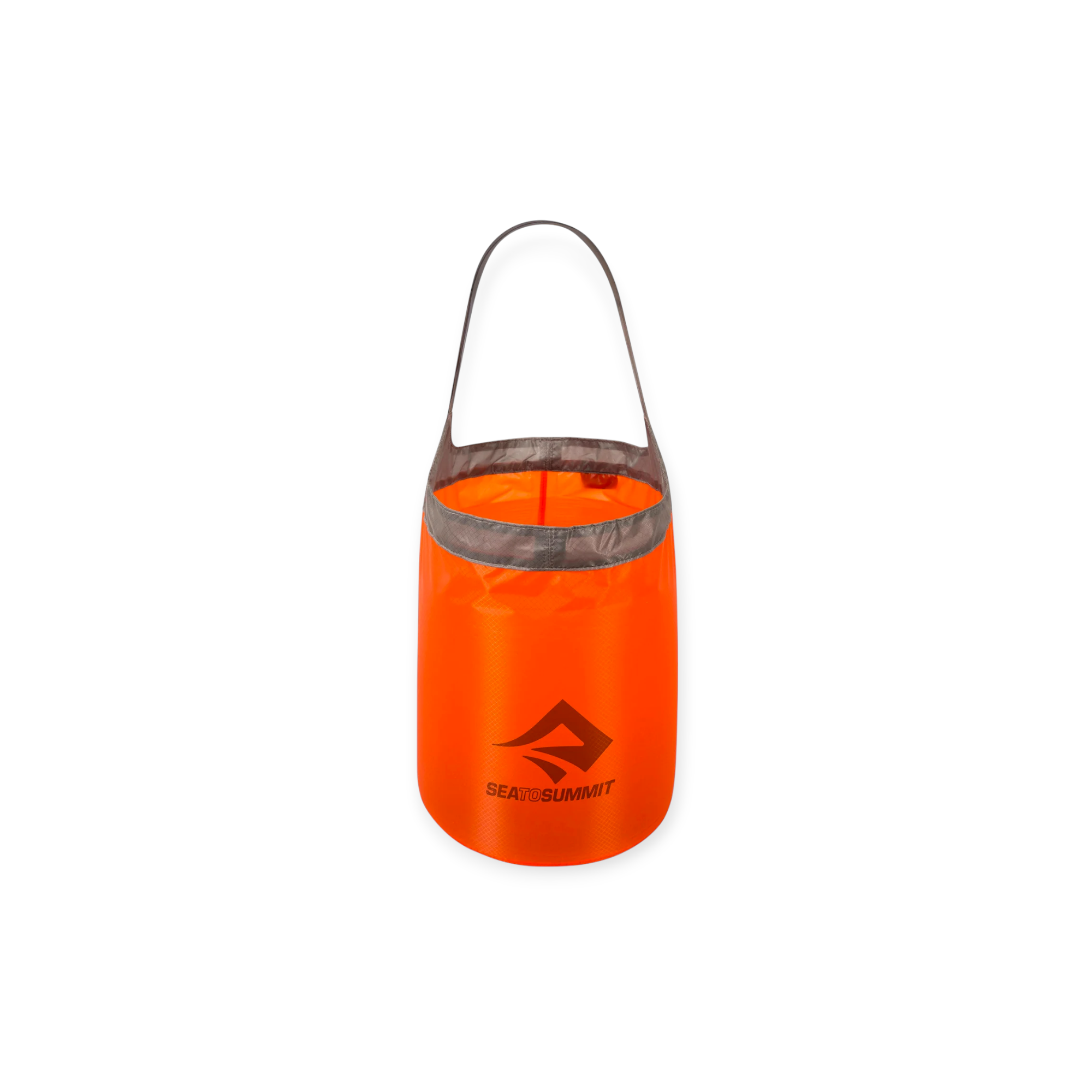 Red folding bucket by Sea to Summit with gray trim and a carrying handle.