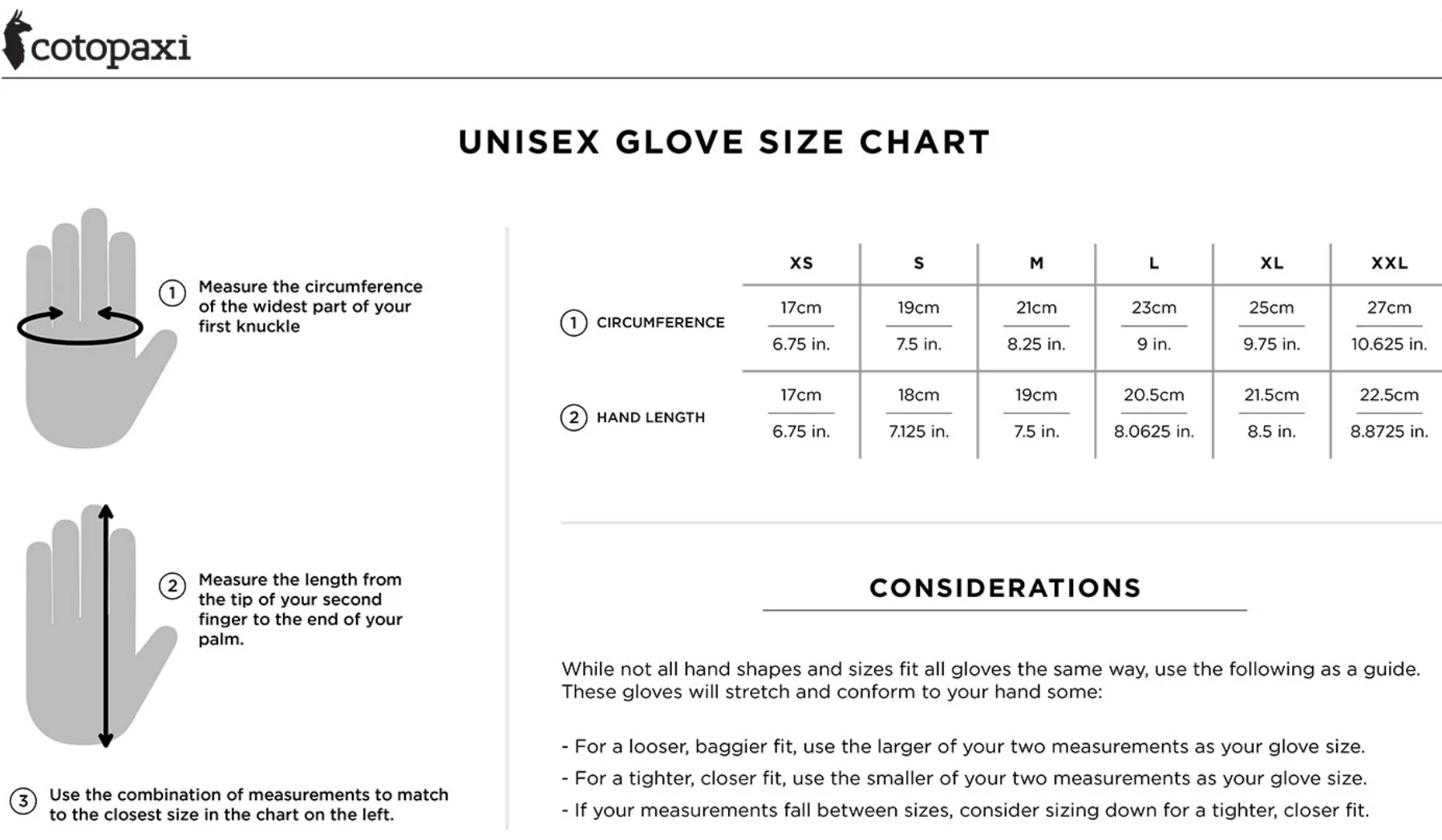 A unisex glove size chart showing hand diagrams with measurements and a size table from XS to XXL, offering fit considerations and sizing guidance.