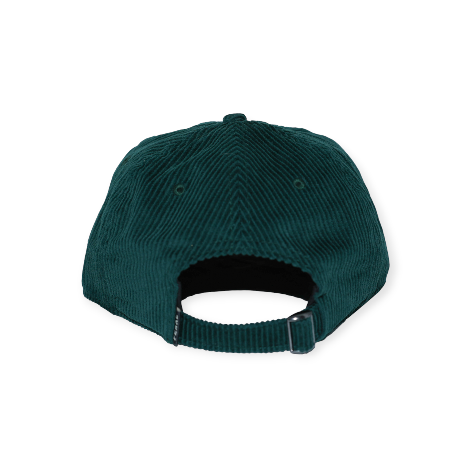 Green corduroy hat by FERAL, featuring a textured pattern and adjustable strap, shown from the back.