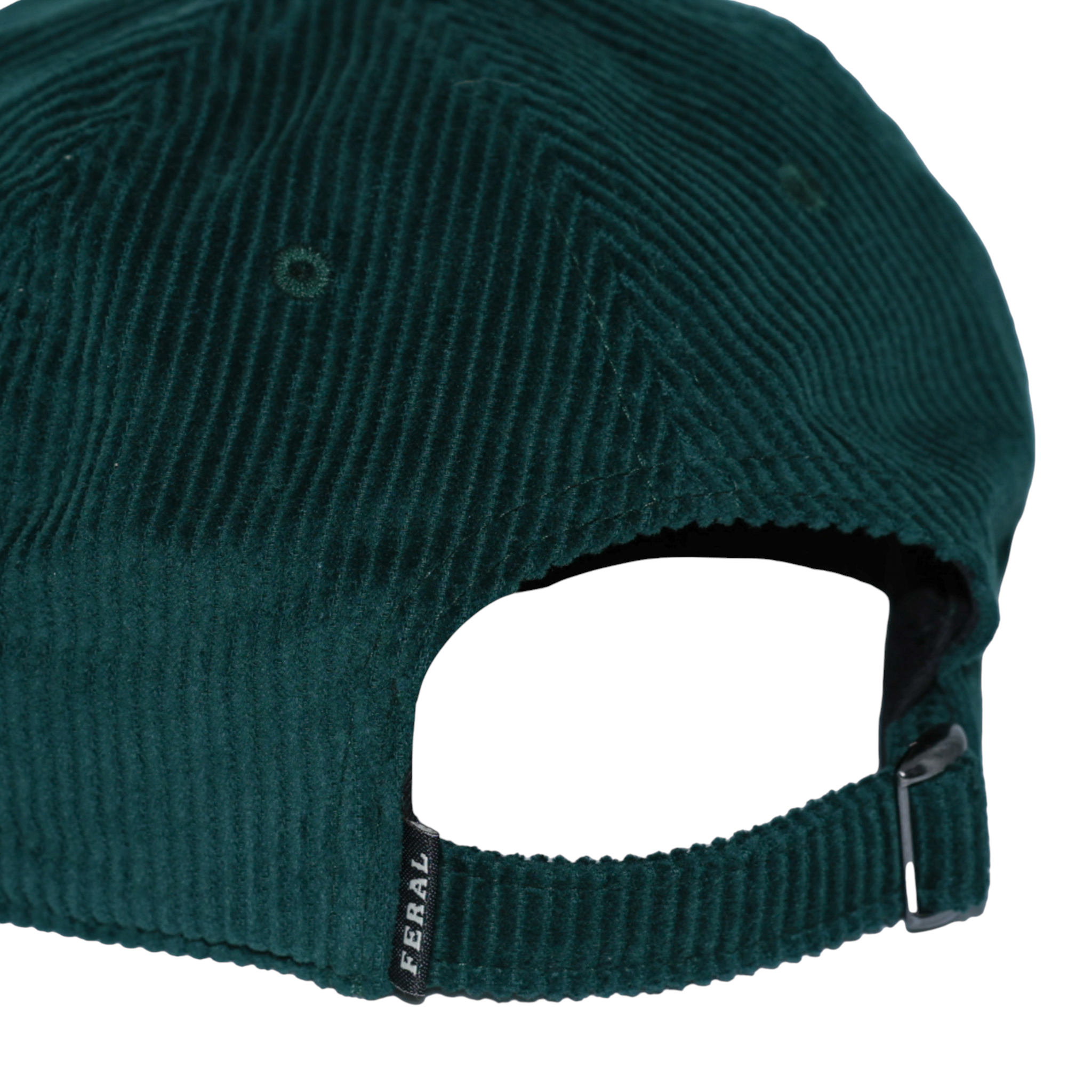 Dark green corduroy hat by FERAL, featuring adjustable back strap.