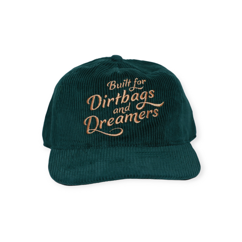 Green corduroy hat by FERAL with an embroidered text graphic on the front.