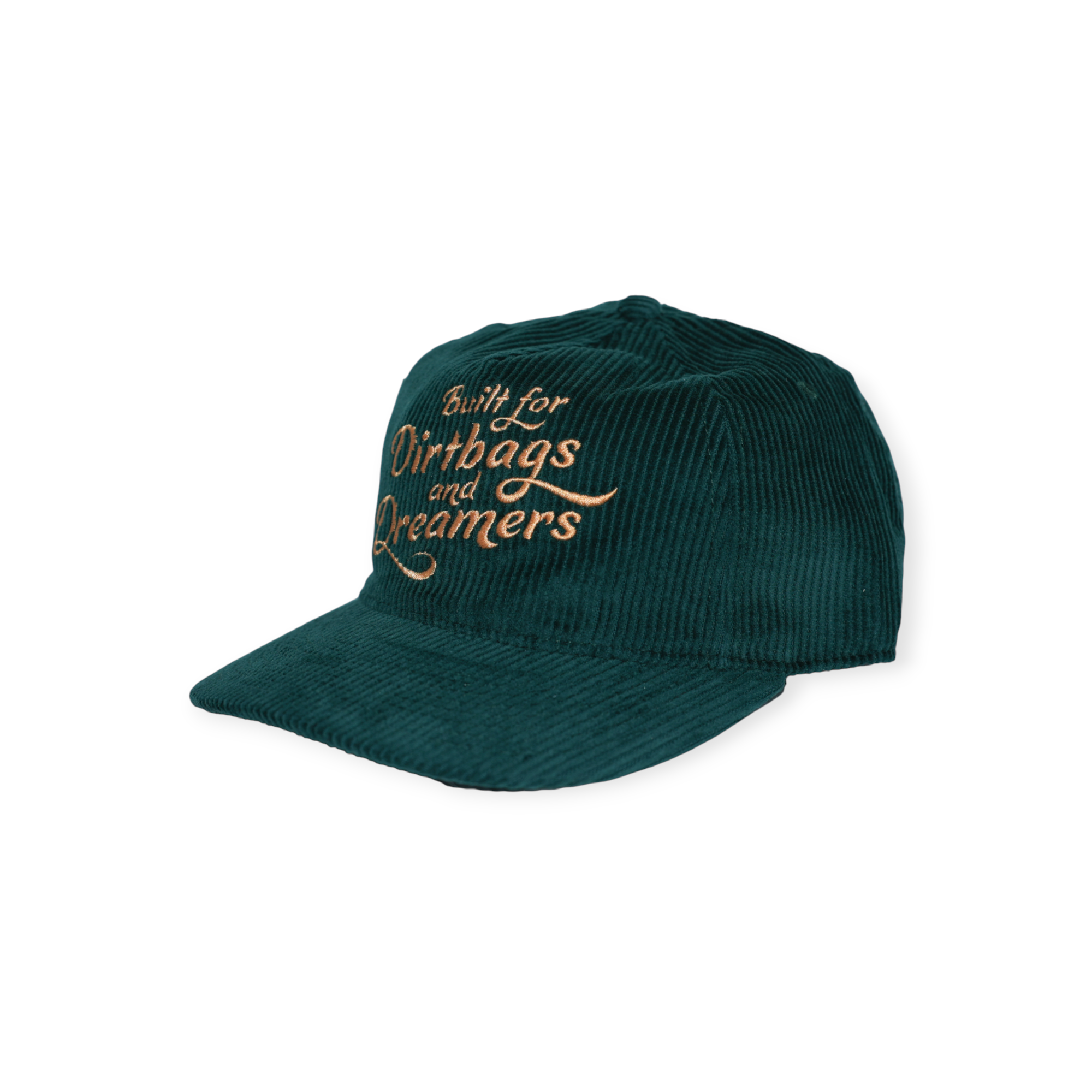 Green corduroy hat by FERAL, embroidered with gold lettering and a soft, textured finish.