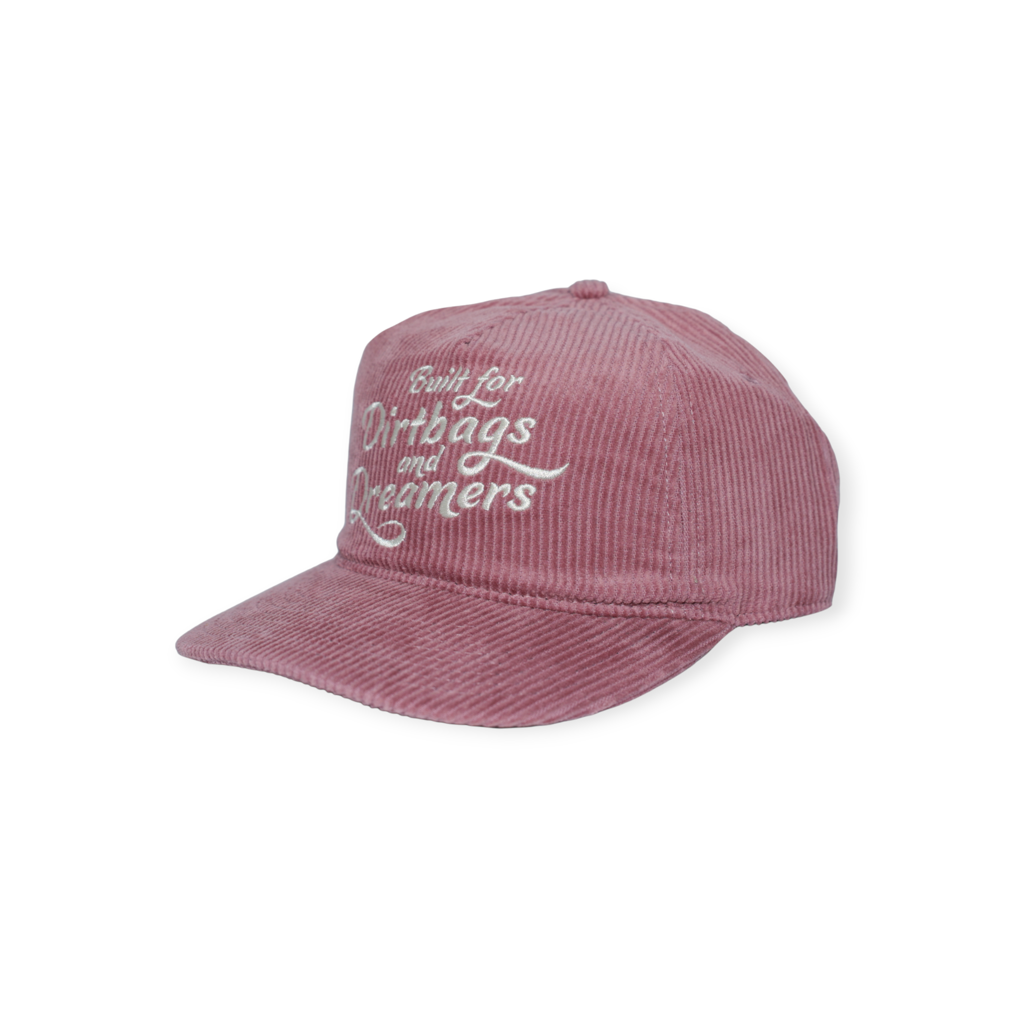 Pink corduroy hat by FERAL with "Dirtbags & Dreamers" text embroidered in white.