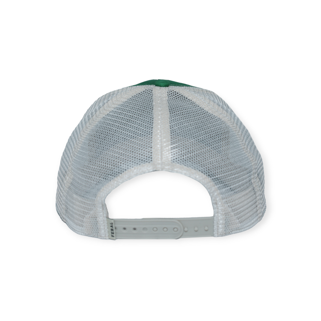 Trucker hat by FERAL, shown from the back with a green crown and white mesh netting.