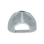 Trucker hat by FERAL, shown from the back with a green crown and white mesh netting.