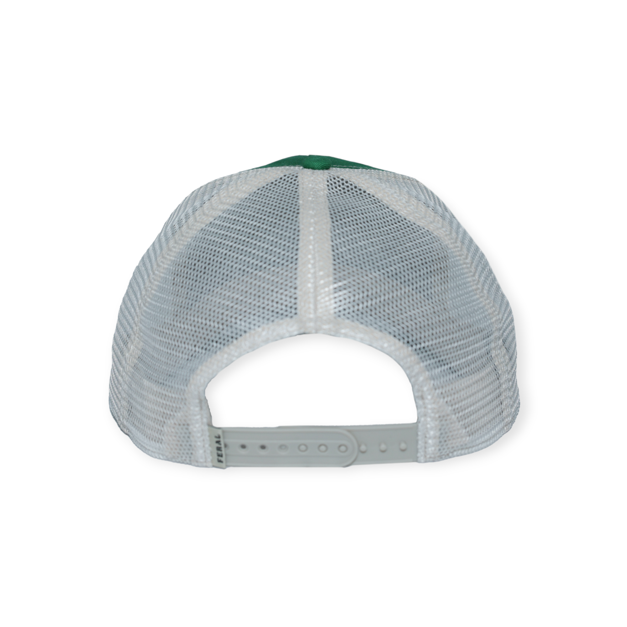 Trucker hat by FERAL, shown from the back with a green crown and white mesh netting.