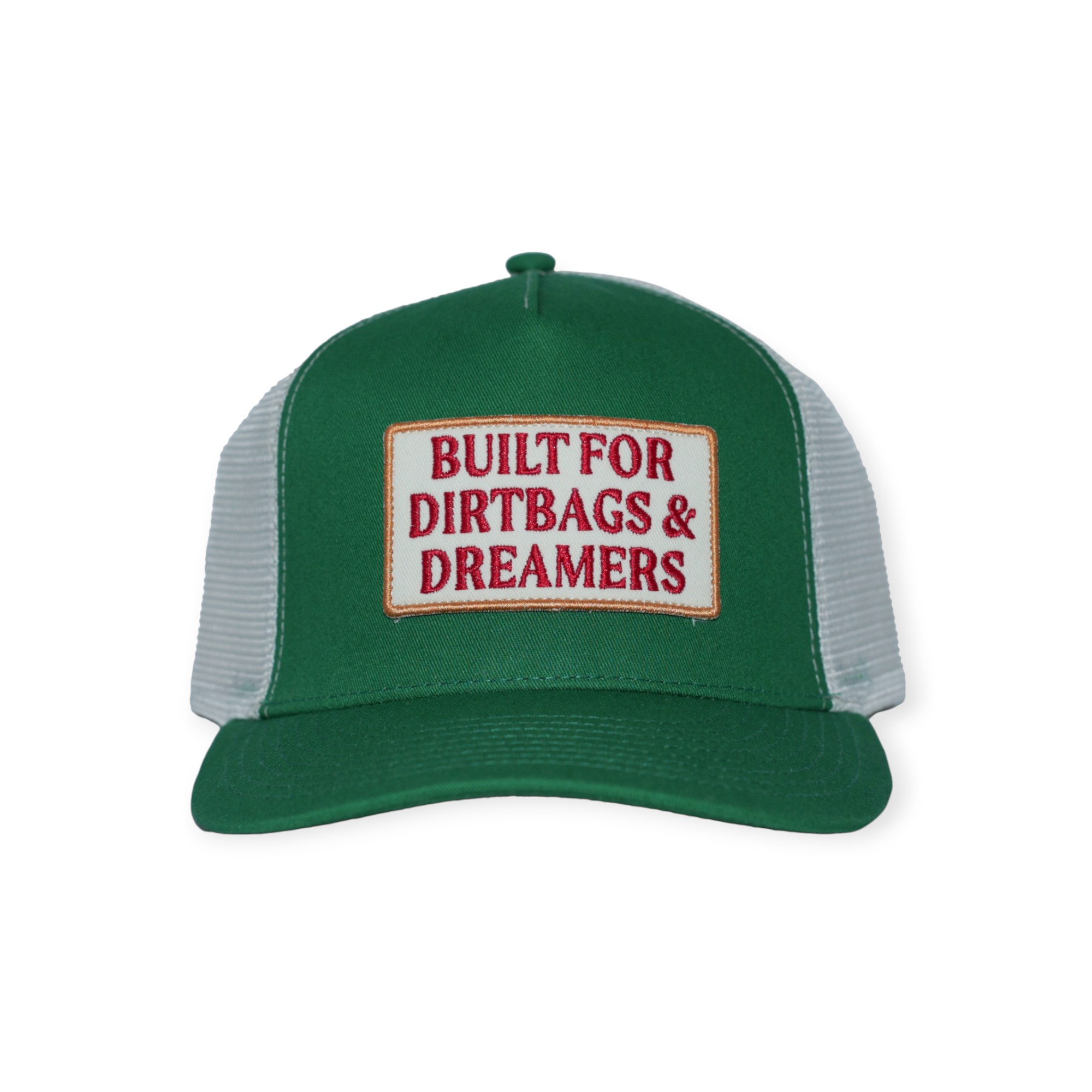 Green trucker hat by FERAL with a white mesh back and logo patch on the front.