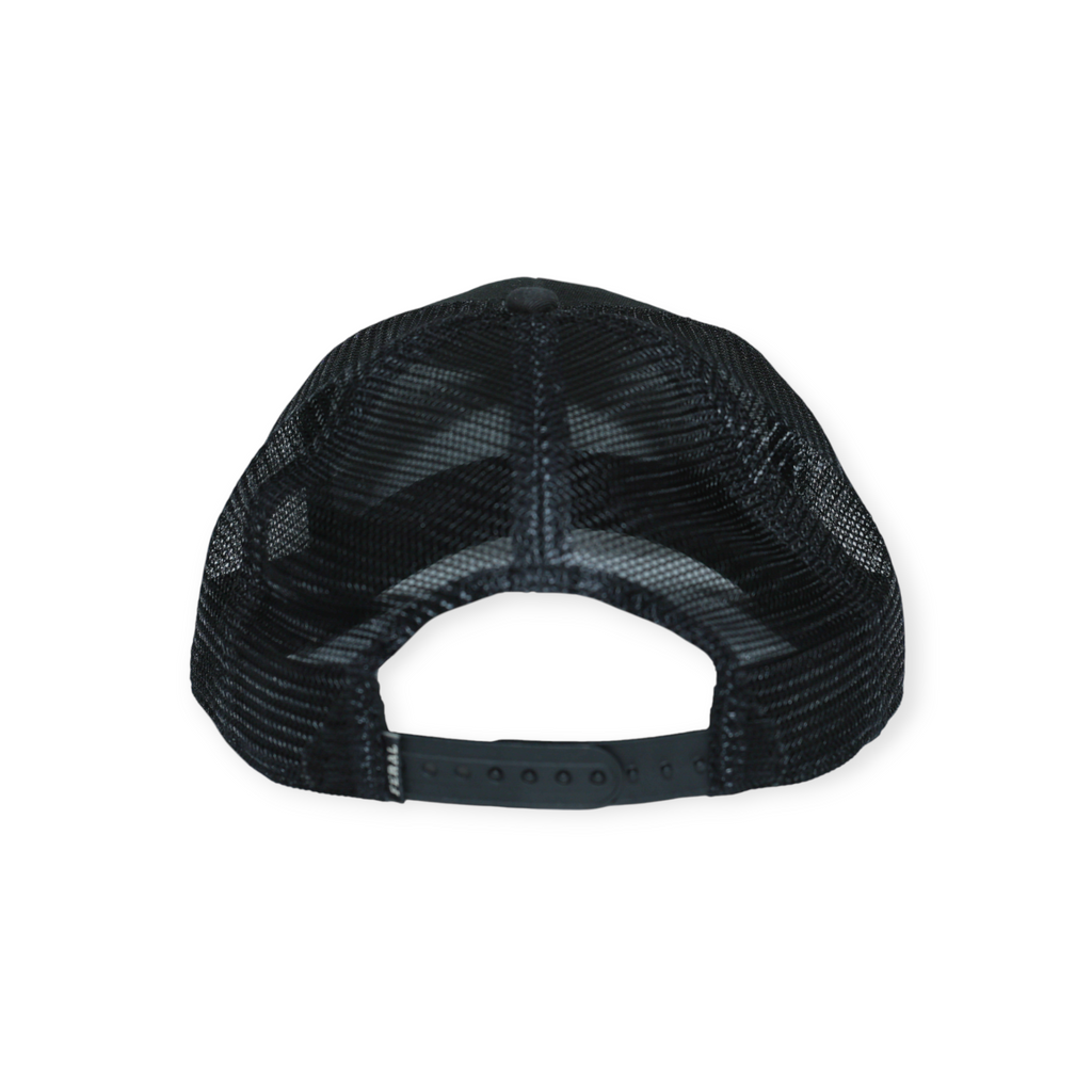 Black mesh trucker hat by FERAL, shown from the back with a snapback closure.